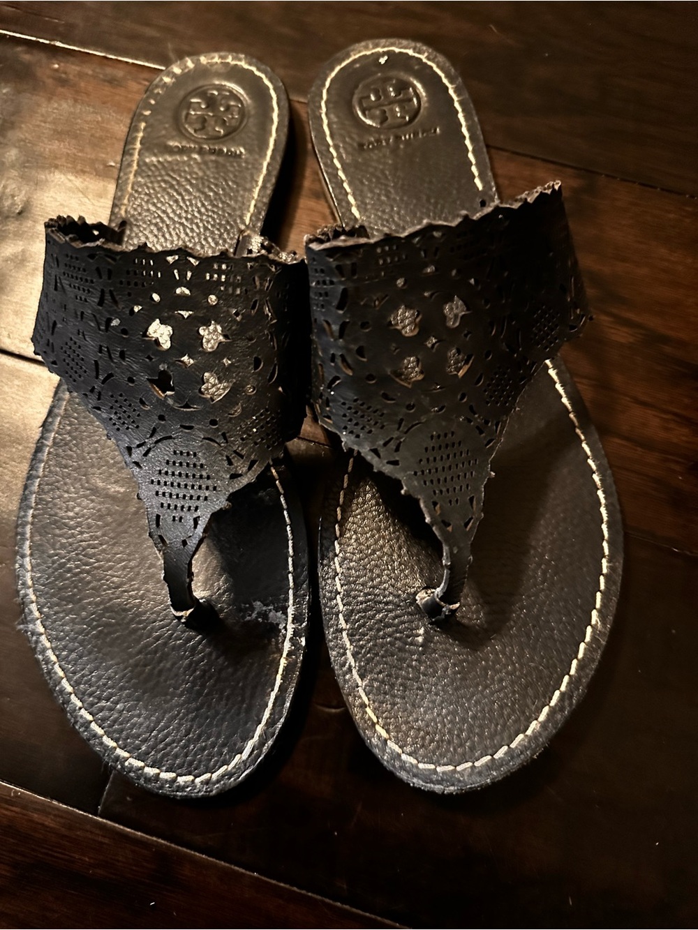 Tory Burch Navy Laser-Cut Leather Thong Sandals with Logo Medallion